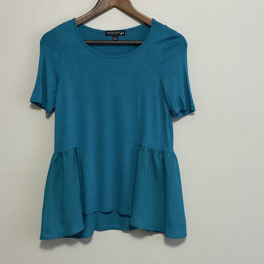 Living Doll Teal Peplum Top Short Sleeve Babydoll Blouse Sz XS Boho Ruffled